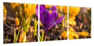 Obraz fioletowego kwiatu (z zegarem) (90x30 cm)