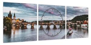 Obraz rzeki Wełtawy (z zegarem) (90x30 cm)
