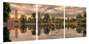 Obraz jeziora i drzew (z zegarem) (90x30 cm)