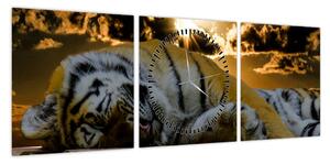 Obraz śpiącego tygrysa (z zegarem) (90x30 cm)
