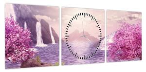 Obraz różowych drzew z jeziorem (z zegarem) (90x30 cm)