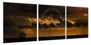 Obraz żaglówki o zachodzie słońca (z zegarem) (90x30 cm)