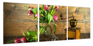 Obraz - tulipany, młynek i kawa (z zegarem) (90x30 cm)