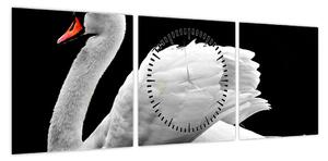 Obraz czarno - białego łabędzia (z zegarem) (90x30 cm)