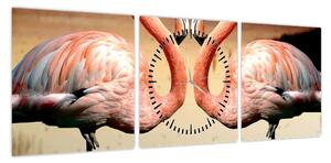 Obraz - dwa flamingi (z zegarem) (90x30 cm)