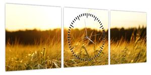 Obraz zroszonej trawy (z zegarem) (90x30 cm)