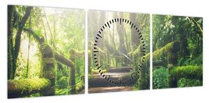 Obraz - drewniane schody w lesie (z zegarem) (90x30 cm)