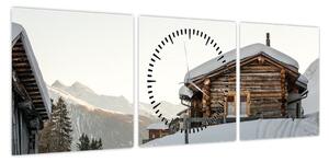 Obraz - chata górska w śniegu (z zegarem) (90x30 cm)