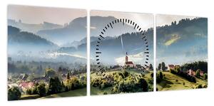 Obraz - wieś we mgle (z zegarem) (90x30 cm)