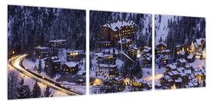 Obraz - górskie zimowe miasteczko (z zegarem) (90x30 cm)