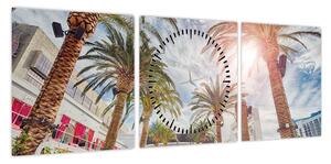 Obraz - palmy z basenem (z zegarem) (90x30 cm)