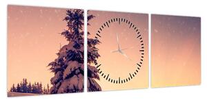 Obraz ośnieżonego drzewa na łące (z zegarem) (90x30 cm)