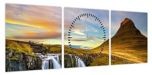 Zdjęcie góry i wodospadów na Islandii (z zegarem) (90x30 cm)