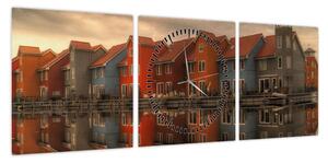 Obraz kolorowych domów (z zegarem) (90x30 cm)