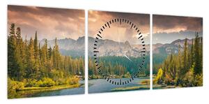 Obraz górskiej rzeki i gór (z zegarem) (90x30 cm)