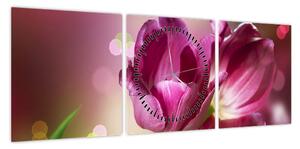 Obraz różowych tulipanów (z zegarem) (90x30 cm)