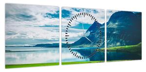 Obraz jeziora z górami (z zegarem) (90x30 cm)