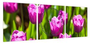 Obraz tulipanów na łące (z zegarem) (90x30 cm)
