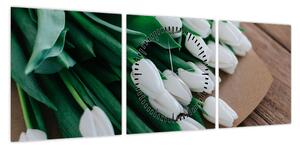 Obraz bukietu białych tulipanów (z zegarem) (90x30 cm)