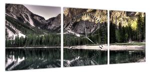 Obraz jeziora w górach (z zegarem) (90x30 cm)
