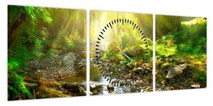 Obraz rzeki w zielonym lesie (z zegarem) (90x30 cm)