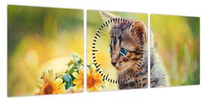 Obraz kotka patrzącego na kwiat (z zegarem) (90x30 cm)