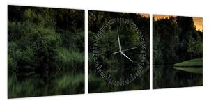 Obraz jeziora przy lesie (z zegarem) (90x30 cm)