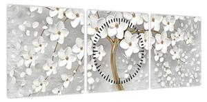 Obraz białego drzewa z kwiatami (z zegarem) (90x30 cm)