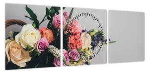 Obraz kosza z kwiatami (z zegarem) (90x30 cm)