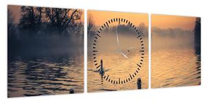 Obraz łabędzi na wodzie we mgle (z zegarem) (90x30 cm)