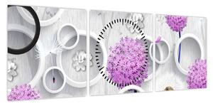 Obraz abstrakcji 3D z kołami i kwiatami (z zegarem) (90x30 cm)