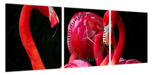 Obraz czerwonych flamingów (z zegarem) (90x30 cm)