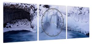 Obraz wodospadu zimą (z zegarem) (90x30 cm)