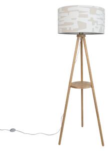 Drewniana lampa podłogowa na trójnogu z białym i beżowym abażurem w paski 50 cm - Lou