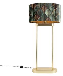 Mosiężna lampa podłogowa z owalnym abażurem z motywem liści i złotym wnętrzem 35 cm - Thijmen