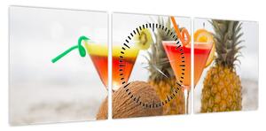 Obraz ananasów i szklanek na plaży (z zegarem) (90x30 cm)