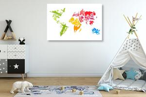 Obraz mapa świata z symbolami poszczególnych kontynentów na korku
