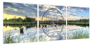 Obraz jeziora z trzcinami (z zegarem) (90x30 cm)