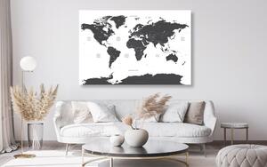Obraz na korku mapa świata z zaznaczonymi na szaro poszczególnymi krajami