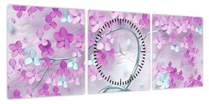 Obraz kwiatów na srebrnej łodydze - abstrakcja (z zegarem) (90x30 cm)