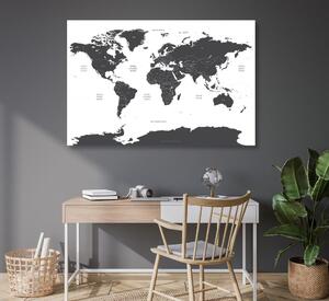 Obraz na korku mapa świata z zaznaczonymi na szaro poszczególnymi krajami