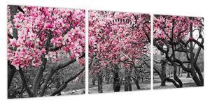 Obraz drzew magnolii (z zegarem) (90x30 cm)