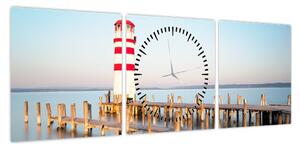 Obraz latarni morskiej o świcie (z zegarem) (90x30 cm)