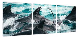 Obraz - Delfiny w oceanie (z zegarem) (90x30 cm)