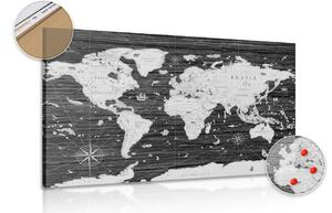 Obraz na korku czarno-biała mapa na drewnianym tle