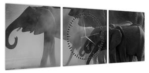 Obraz słoni - czarno - biały (z zegarem) (90x30 cm)