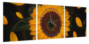 Obraz - Słonecznik i płatki kwiatów (z zegarem) (90x30 cm)