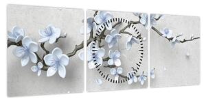 Obraz niebieskich kwiatów (z zegarem) (90x30 cm)