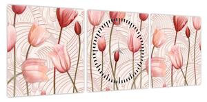 Obraz - Różowe tulipany (z zegarem) (90x30 cm)