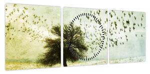 Obraz - Malowane stado ptaków (z zegarem) (90x30 cm)